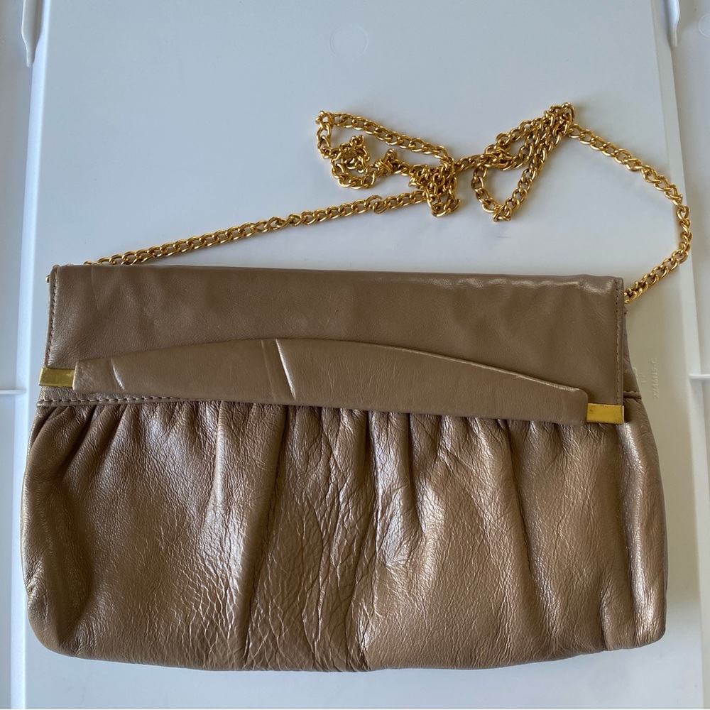 Vintage taupe brown envelope clutch chain handbag purse